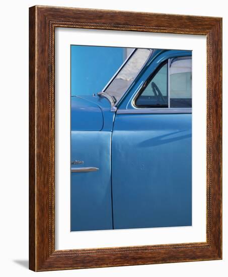 Detail of Vintage Blue American Car Against Painted Blue Wall-Lee Frost-Framed Photographic Print