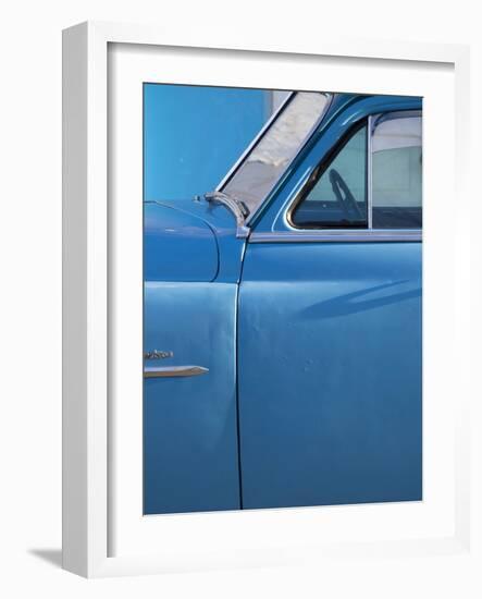 Detail of Vintage Blue American Car Against Painted Blue Wall-Lee Frost-Framed Photographic Print