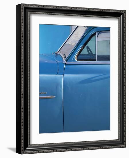 Detail of Vintage Blue American Car Against Painted Blue Wall-Lee Frost-Framed Photographic Print