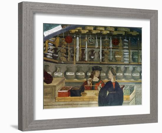 Detail Pharmacy or Chemist Measuring with Scales, 15th century Italian Gothic Fresco-null-Framed Giclee Print