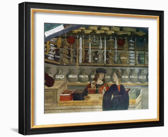 Detail Pharmacy or Chemist Measuring with Scales, 15th century Italian Gothic Fresco-null-Framed Giclee Print