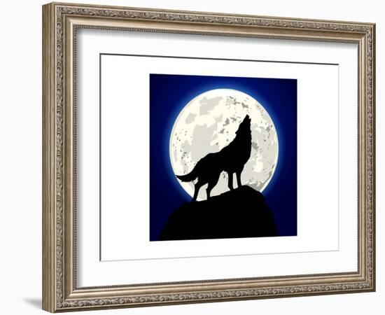 Detailed Illustration of a Howling Wolf in Front of the Moon, Eps 10 Vector-unkreatives-Framed Art Print