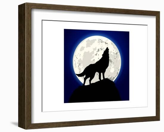 Detailed Illustration of a Howling Wolf in Front of the Moon, Eps 10 Vector-unkreatives-Framed Art Print