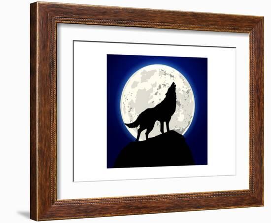 Detailed Illustration of a Howling Wolf in Front of the Moon, Eps 10 Vector-unkreatives-Framed Art Print