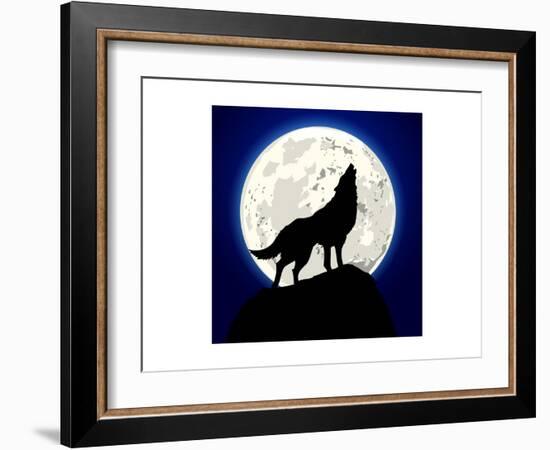 Detailed Illustration of a Howling Wolf in Front of the Moon, Eps 10 Vector-unkreatives-Framed Art Print