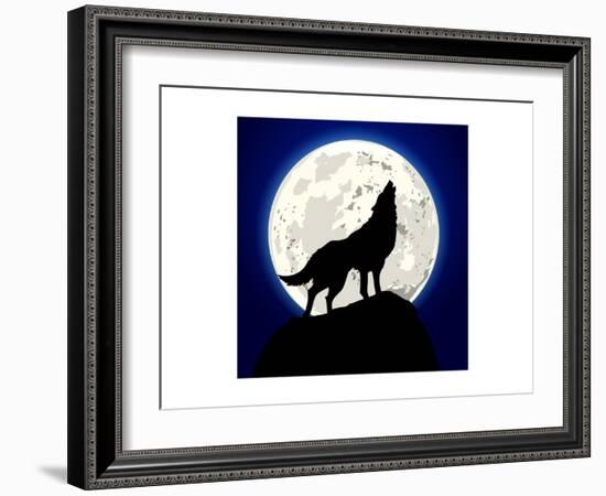 Detailed Illustration of a Howling Wolf in Front of the Moon, Eps 10 Vector-unkreatives-Framed Art Print