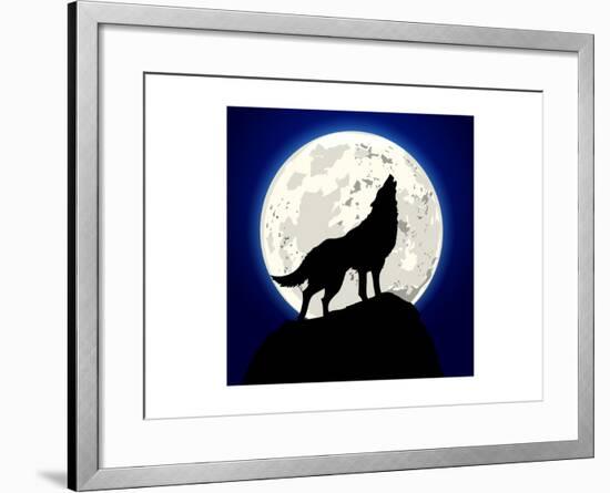 Detailed Illustration of a Howling Wolf in Front of the Moon, Eps 10 Vector-unkreatives-Framed Art Print