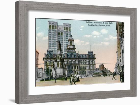 Detroit, Michigan - Cadillac Square, View of Soldier's Monument and Exterior View of City Hall-Lantern Press-Framed Art Print