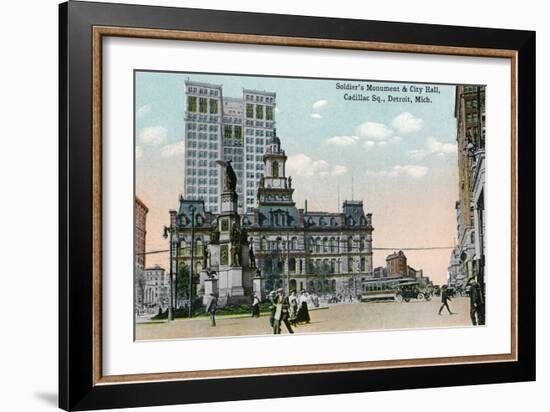 Detroit, Michigan - Cadillac Square, View of Soldier's Monument and Exterior View of City Hall-Lantern Press-Framed Art Print