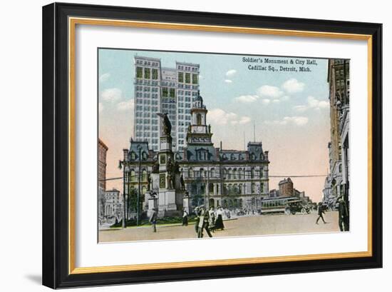 Detroit, Michigan - Cadillac Square, View of Soldier's Monument and Exterior View of City Hall-Lantern Press-Framed Art Print