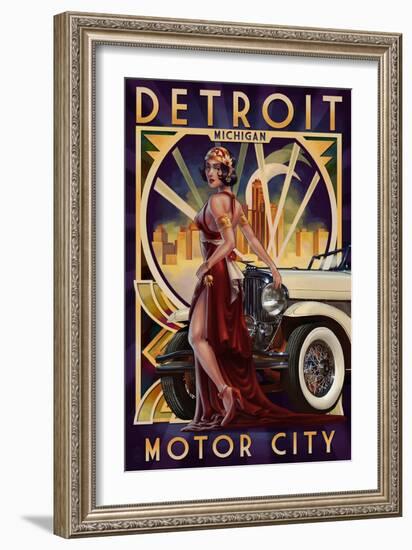 Detroit, Michigan - Deco Woman and Car-Lantern Press-Framed Premium Giclee Print