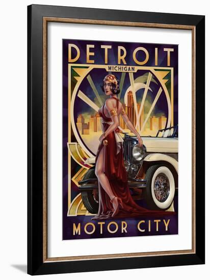 Detroit, Michigan - Deco Woman and Car-Lantern Press-Framed Premium Giclee Print