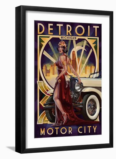 Detroit, Michigan - Deco Woman and Car-Lantern Press-Framed Premium Giclee Print