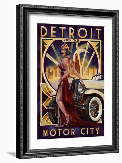 Detroit, Michigan - Deco Woman and Car-Lantern Press-Framed Premium Giclee Print