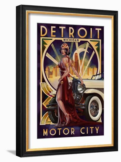 Detroit, Michigan - Deco Woman and Car-Lantern Press-Framed Premium Giclee Print