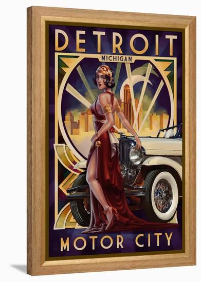 Detroit, Michigan - Deco Woman and Car-Lantern Press-Framed Stretched Canvas