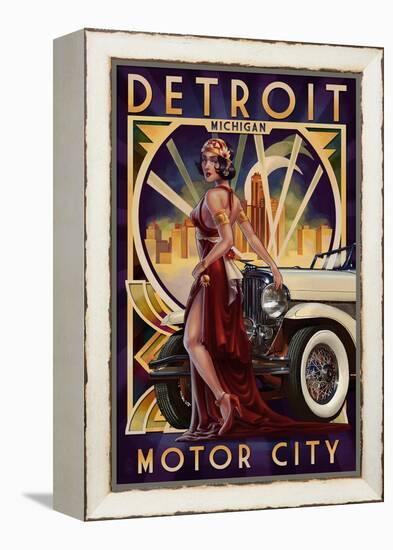 Detroit, Michigan - Deco Woman and Car-Lantern Press-Framed Stretched Canvas