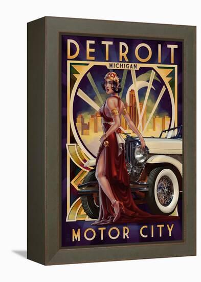 Detroit, Michigan - Deco Woman and Car-Lantern Press-Framed Stretched Canvas