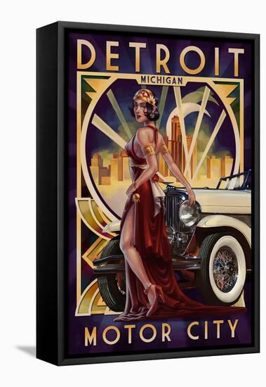 Detroit, Michigan - Deco Woman and Car-Lantern Press-Framed Stretched Canvas