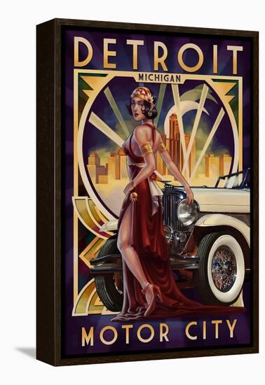 Detroit, Michigan - Deco Woman and Car-Lantern Press-Framed Stretched Canvas