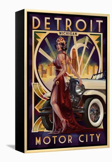 Detroit, Michigan - Deco Woman and Car-Lantern Press-Framed Stretched Canvas