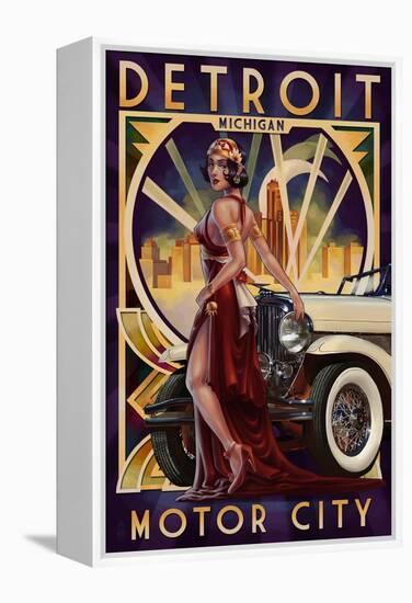 Detroit, Michigan - Deco Woman and Car-Lantern Press-Framed Stretched Canvas