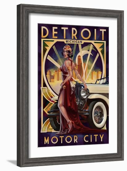 Detroit, Michigan - Deco Woman and Car-Lantern Press-Framed Art Print