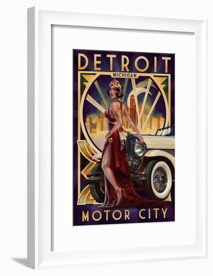 Detroit, Michigan - Deco Woman and Car-Lantern Press-Framed Art Print