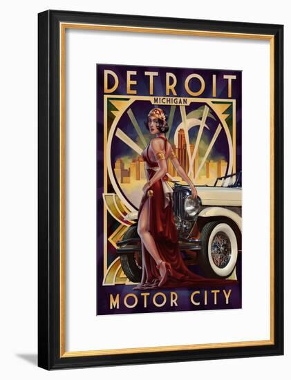 Detroit, Michigan - Deco Woman and Car-Lantern Press-Framed Art Print