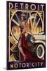 Detroit, Michigan - Deco Woman and Car-Lantern Press-Mounted Art Print