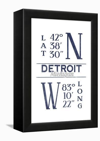 Detroit, Michigan - Latitude and Longitude (Blue)-Lantern Press-Framed Stretched Canvas