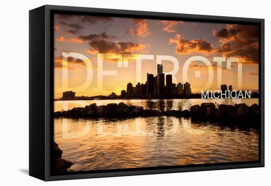 Detroit, Michigan - Orange Sky and Skyline-Lantern Press-Framed Stretched Canvas