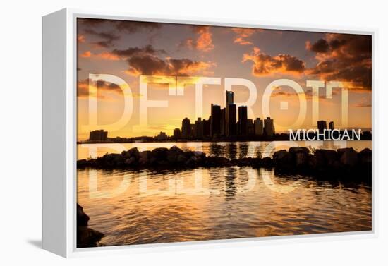 Detroit, Michigan - Orange Sky and Skyline-Lantern Press-Framed Stretched Canvas