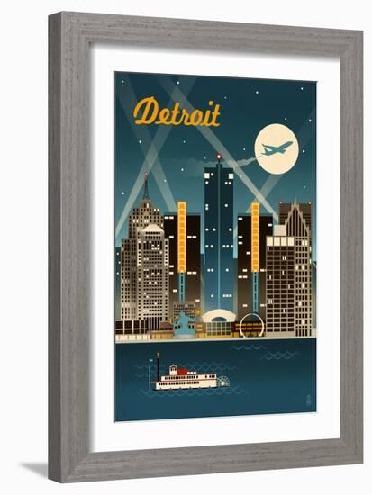 Detroit, Michigan - Retro Skyline-Lantern Press-Framed Premium Giclee Print