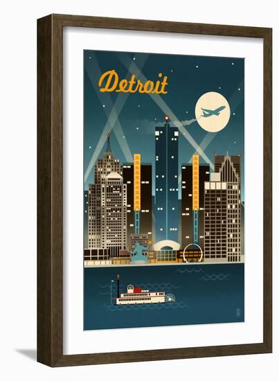 Detroit, Michigan - Retro Skyline-Lantern Press-Framed Premium Giclee Print