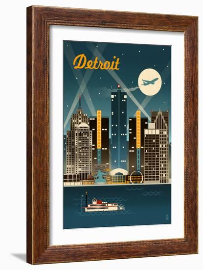 Detroit, Michigan - Retro Skyline-Lantern Press-Framed Premium Giclee Print