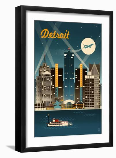 Detroit, Michigan - Retro Skyline-Lantern Press-Framed Premium Giclee Print