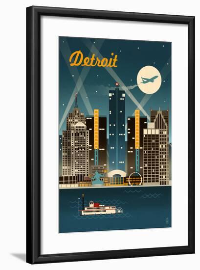 Detroit, Michigan - Retro Skyline-Lantern Press-Framed Art Print