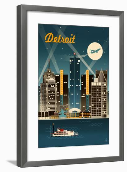 Detroit, Michigan - Retro Skyline-Lantern Press-Framed Art Print