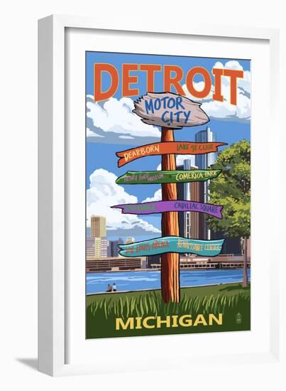 Detroit, Michigan - Sign Post-Lantern Press-Framed Art Print