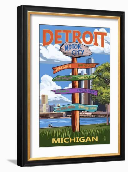 Detroit, Michigan - Sign Post-Lantern Press-Framed Art Print