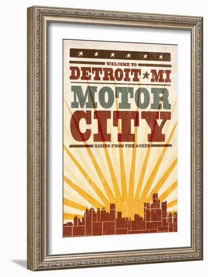 Detroit, Michigan - Skyline and Sunburst Screenprint Style-Lantern Press-Framed Art Print