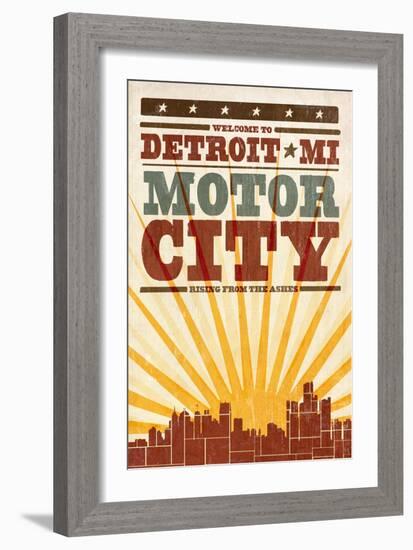 Detroit, Michigan - Skyline and Sunburst Screenprint Style-Lantern Press-Framed Art Print