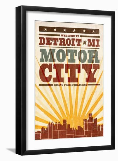 Detroit, Michigan - Skyline and Sunburst Screenprint Style-Lantern Press-Framed Art Print