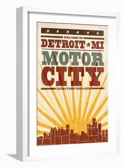 Detroit, Michigan - Skyline and Sunburst Screenprint Style-Lantern Press-Framed Art Print