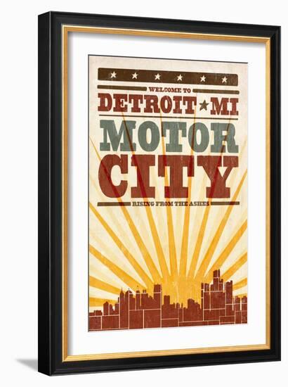 Detroit, Michigan - Skyline and Sunburst Screenprint Style-Lantern Press-Framed Art Print