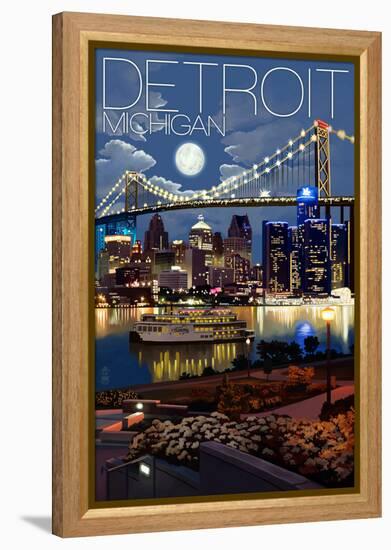 Detroit, Michigan - Skyline at Night-Lantern Press-Framed Stretched Canvas