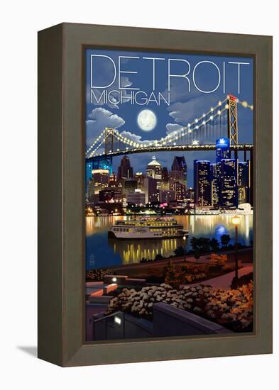 Detroit, Michigan - Skyline at Night-Lantern Press-Framed Stretched Canvas