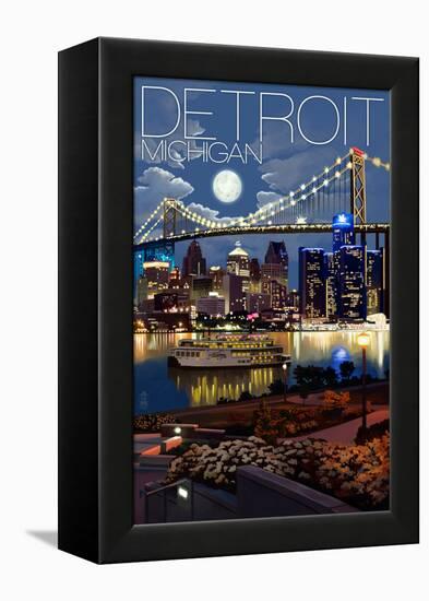 Detroit, Michigan - Skyline at Night-Lantern Press-Framed Stretched Canvas