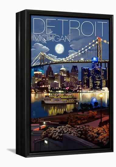 Detroit, Michigan - Skyline at Night-Lantern Press-Framed Stretched Canvas